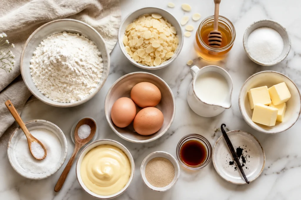 Alle Zutaten für ein klassisches Bienenstich Rezept – Mehl, Zucker, Eier, Butter, Honig, Mandeln, Milch und Vanille übersichtlich auf einer Marmorfläche arrangiert.