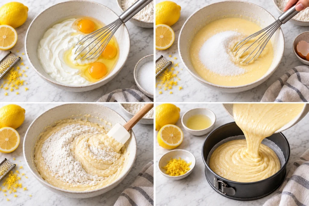 Zitronenkuchen mit Joghurt anrühren und in die Springform füllen, Schritt für Schritt