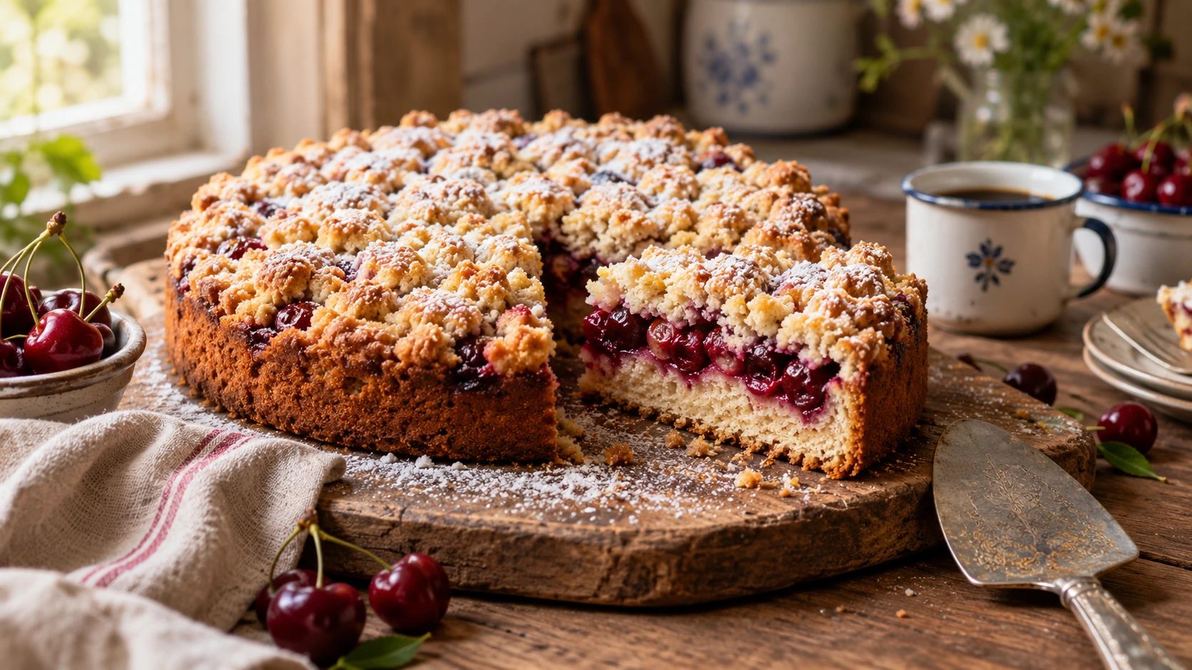 Kirsch-streuselkuchen mit goldbraunen Butterstreuseln und Sauerkirschen auf einem Holzbrett