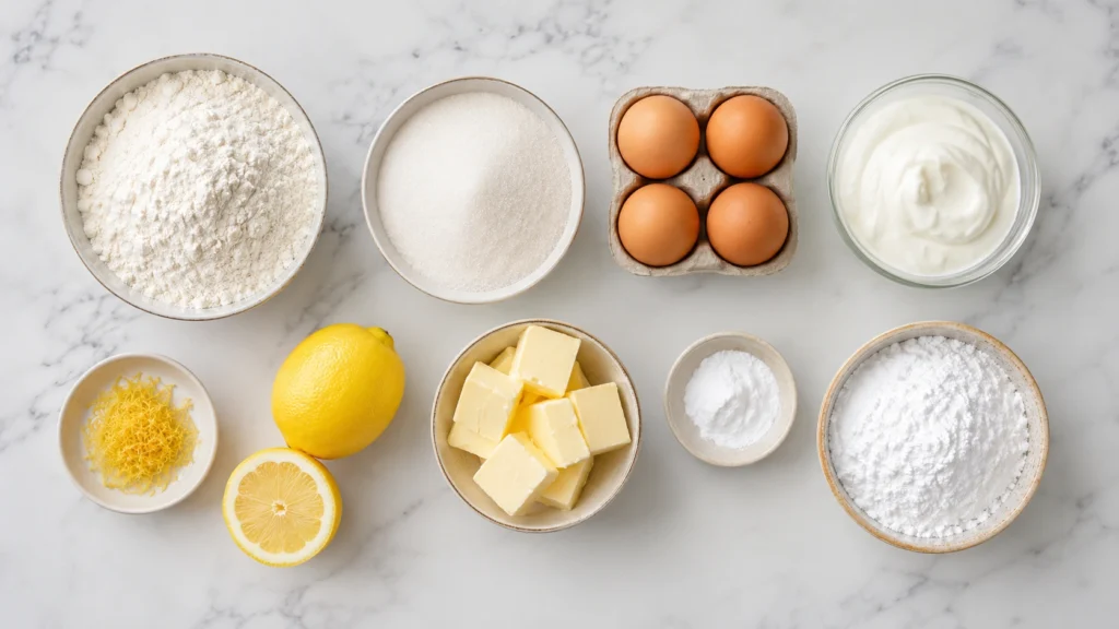 Zutaten für Zitronenkuchen Blech – Mehl, Zucker, Eier, Joghurt, Butter, Backpulver, Puderzucker und Zitrone auf Marmor