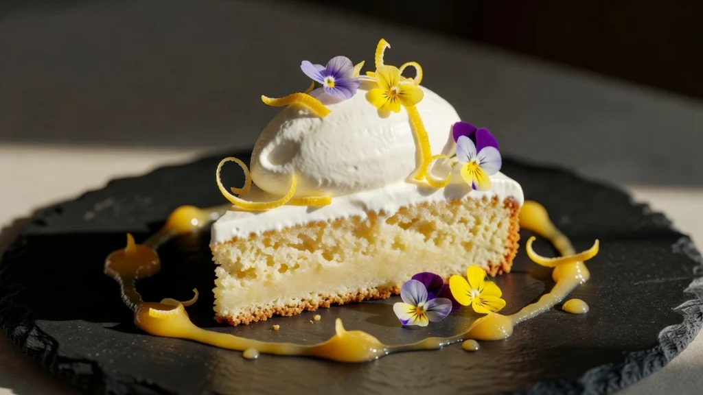 Saftiger Zitronenkuchen mit Joghurt, glasiert mit weißem Zuckerguss, auf einem Holzbrett angerichtet