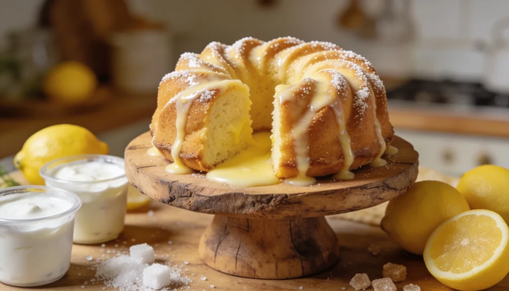 Saftiger Zitronenkuchen mit Joghurt, glasiert mit weißem Zuckerguss, auf einem Holzbrett angerichtet