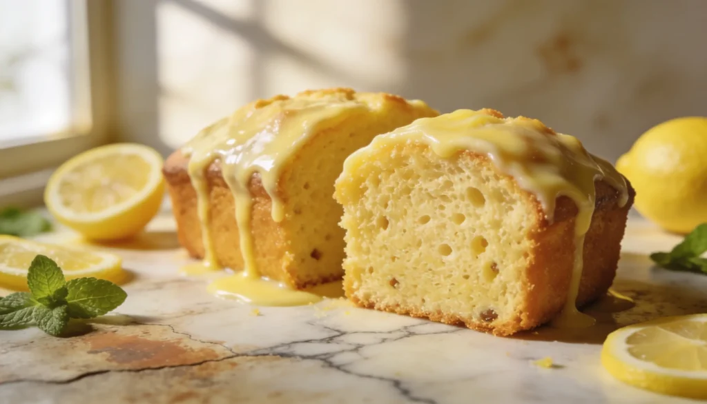 Saftiger Zitronenkuchen mit Zitronenglasur und frischen Zitronenscheiben