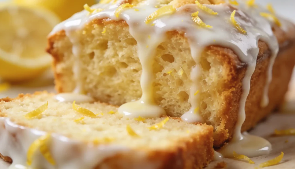 Saftiger Zitronenkuchen mit Zitronenglasur und frischen Zitronenscheiben