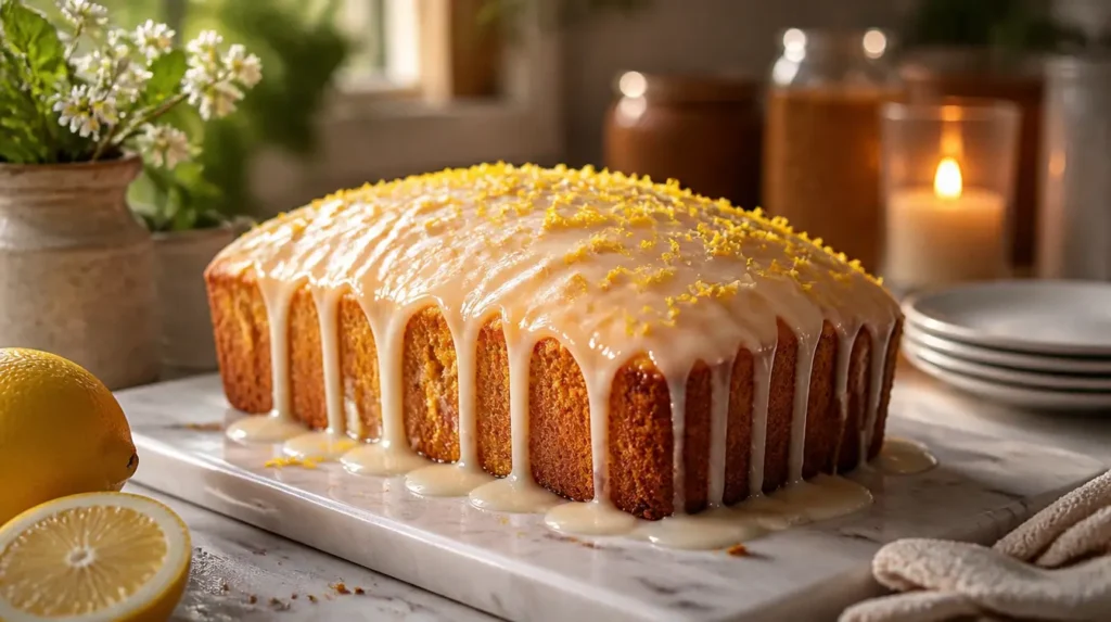 Saftiger Zitronenkuchen mit Zitronenglasur und frischen Zitronenscheiben