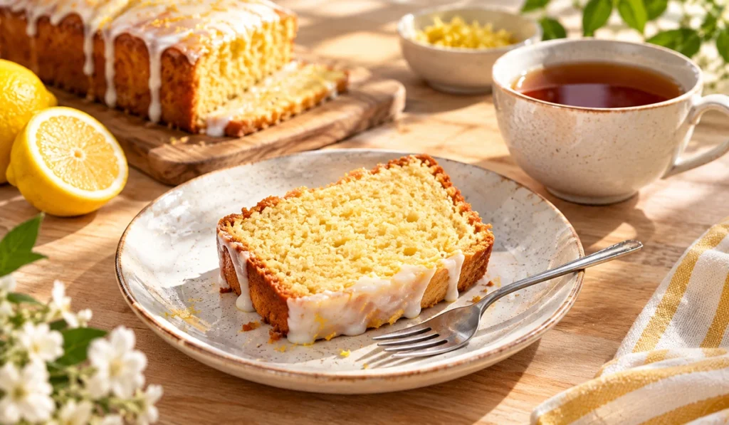 Ein Stück saftiger Zitronenkuchen mit Glasur auf einem Teller, daneben eine Tasse Tee