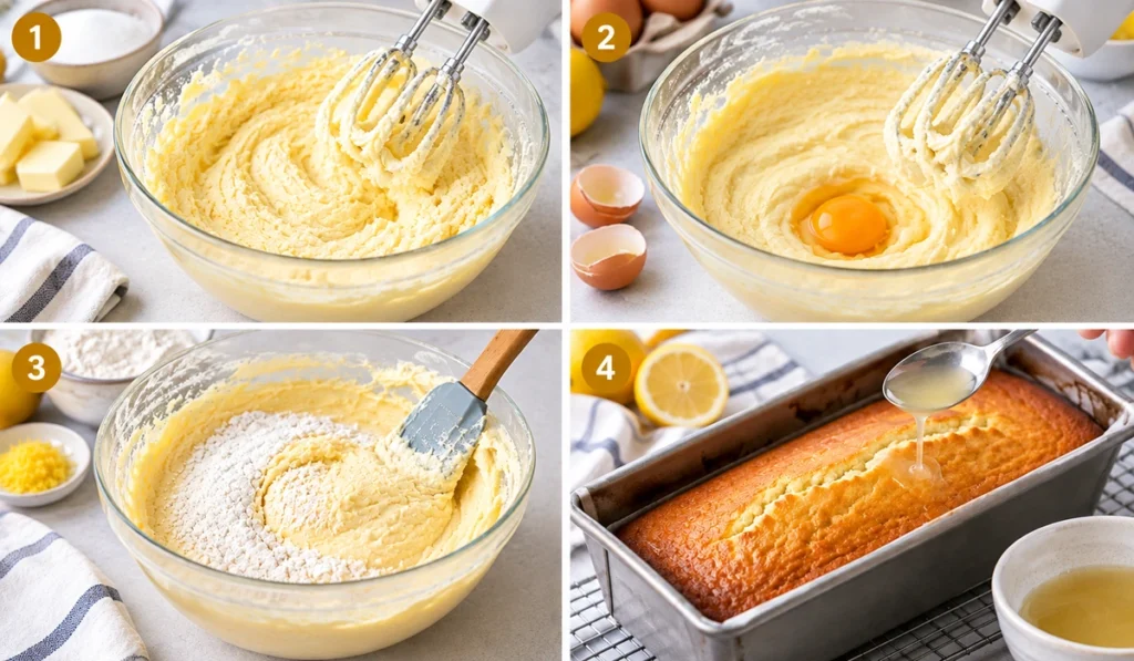 Saftiger Zitronenkuchen anrühren, backen und mit Sirup tränken, Schritt für Schritt