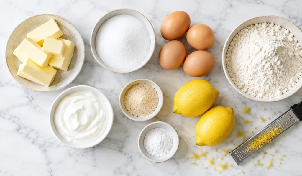 Zutaten für saftigen Zitronenkuchen: Butter, Eier, Zucker, Mehl, Joghurt und zwei Zitronen