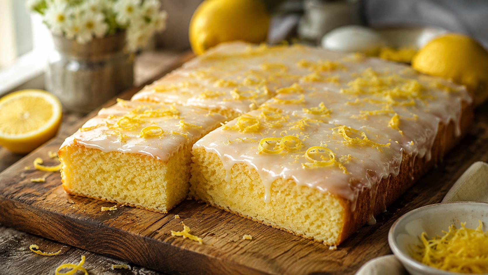 Saftiger Zitronenkuchen Blech mit Zitronenglasur und frischem Zitronenabrieb