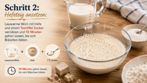 Schritt 2: Hefeteig ansetzen: Lauwarme Milch mit Hefe und einem Teelöffel Zucker verrühren und 10 Minuten gehen lassen, bis sich Bläschen bilden.