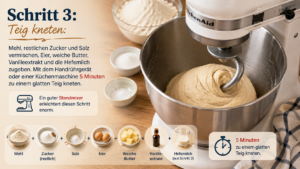 Schritt 3: Teig kneten: Mehl, restlichen Zucker und Salz vermischen, Eier, weiche Butter, Vanilleextrakt und die Hefemilch zugeben. Mit dem Handrührgerät oder einer Küchenmaschine 5 Minuten zu einem glatten Teig kneten. Ein guter Standmixer erleichtert diesen Schritt enorm. 