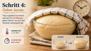 Schritt 4: Gehen lassen: Teig zugedeckt an einem warmen Ort 45 Minuten gehen lassen, bis sich das Volumen verdoppelt hat.