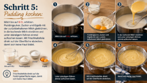 Schritt 5: Pudding kochen: Milch bis auf 6 EL erhitzen. Puddingpulver, Zucker und Eigelb mit der zurückbehaltenen Milch glattrühren, in die kochende Milch einrühren und unter ständigem Rühren einmal aufkochen lassen. Mit Frischhaltefolie direkt auf der Oberfläche abdecken, damit sich keine Haut bildet.