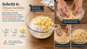Schritt 6: Streusel herstellen: Mehl, Zucker und kalte Butterwürfel mit den Fingern zu groben Streuseln verreiben – nicht zu lange kneten, sonst werden sie kompakt statt körnig.