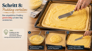 Schritt 8: Pudding verteilen: Den abgekühlten Pudding gleichmäßig auf dem Teig verstreichen.