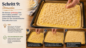 Schritt 9: Streuseln: Die Streusel großzügig über dem Pudding verteilen – auf gleichmäßige Bedeckung achten für den charakteristischen Streuselkuchen-Look.