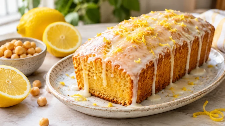 Veganer Zitronenkuchen mit Zitronenglasur auf einem Kuchenteller