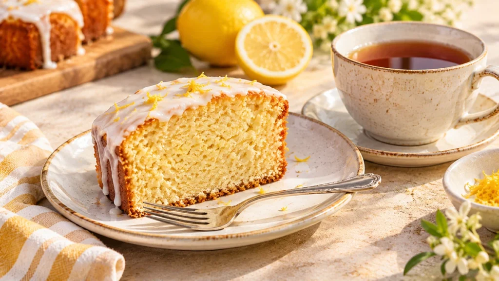 Ein Stück veganer Zitronenkuchen mit Glasur auf einem Teller, daneben eine Tasse Tee