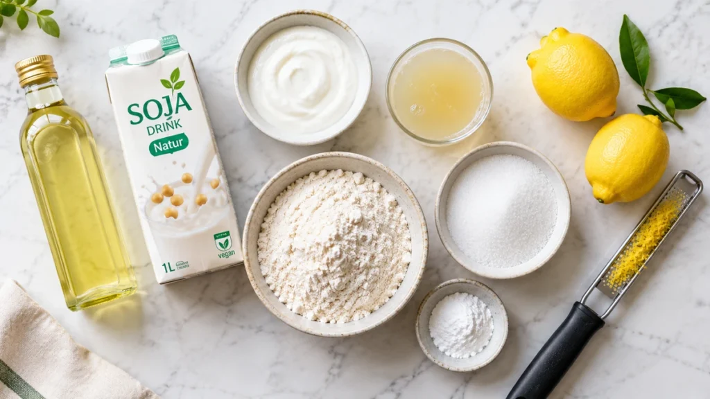 Zutaten für veganen Zitronenkuchen: Öl, Sojamilch, Sojajoghurt, Aquafaba und zwei Zitronen