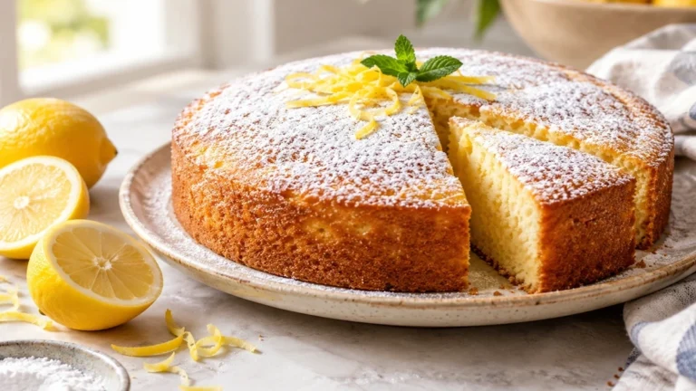 Zitronenkuchen mit Joghurt, Puderzucker, Zitronenzesten und frischer Minze auf einem Teller