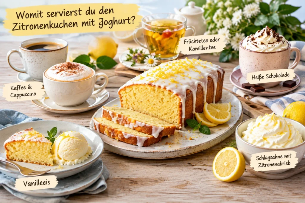 Zitronenkuchen mit Joghurt und passenden Beilagen wie Kaffee, Tee, Vanilleeis und Schlagsahne