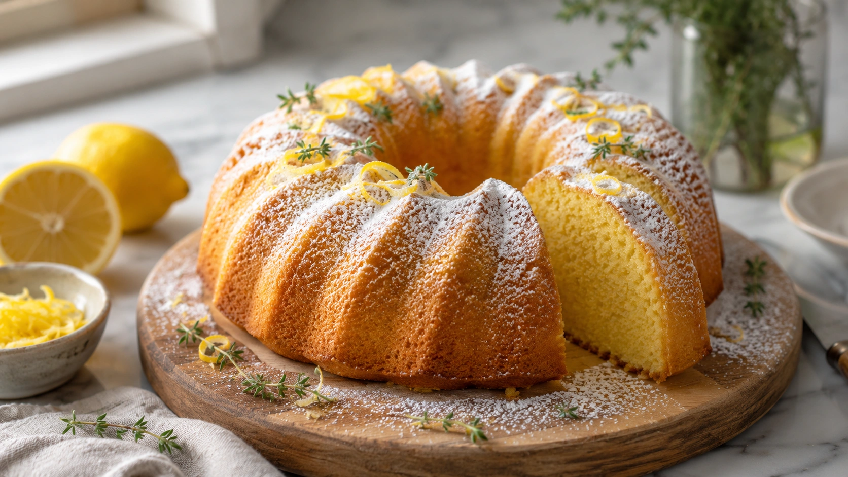 Zitronenkuchen Thermomix – saftiger Zitronenkuchen auf einem rustikalen Holzbrett, mit Puderzucker bestäubt und frischen Zitronenzesten garniert.