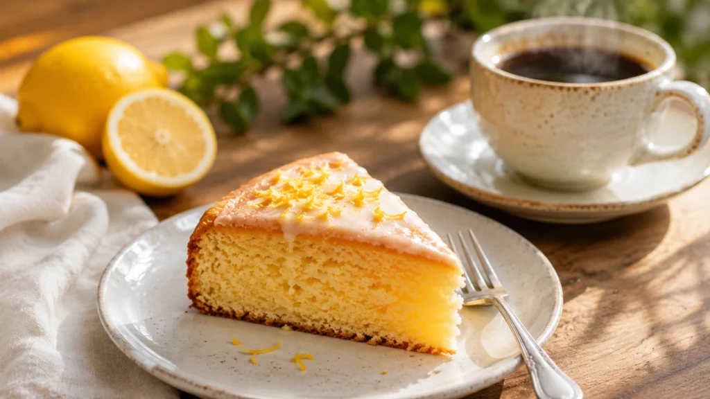 Ein Stück Zitronenkuchen Thermomix auf einem weißen Keramikteller mit einer Gabel, daneben eine dampfende Tasse Kaffee auf einem rustikalen Holztisch.