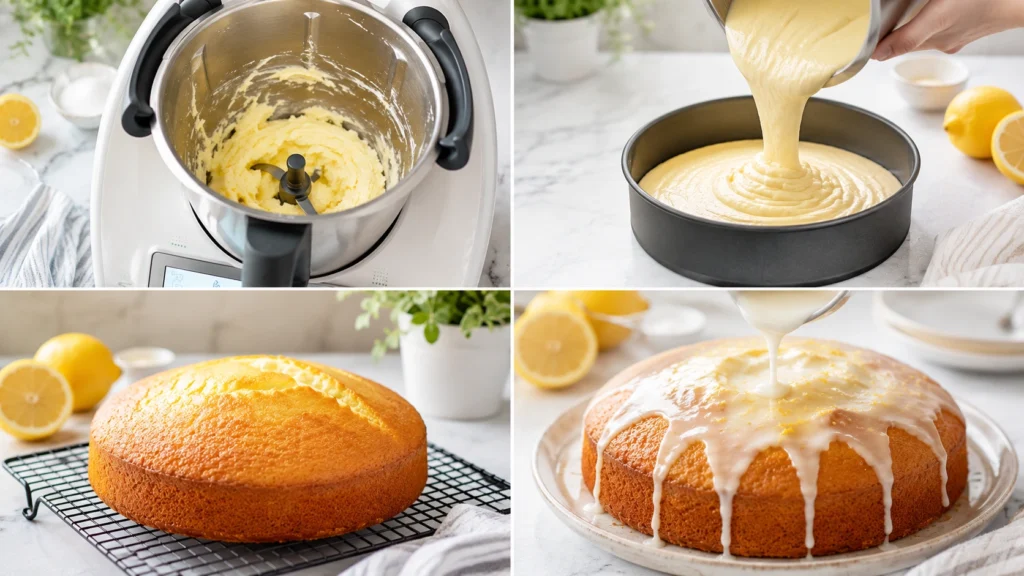 Schritt-für-Schritt-Anleitung für Zitronenkuchen Thermomix: Butter und Zucker cremig rühren, Teig in die Backform füllen, Kuchen auskühlen lassen und mit Zitronenglasur verzieren.