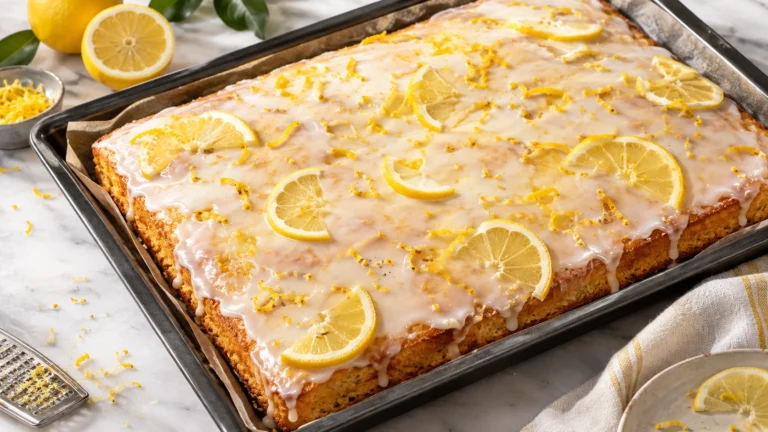 Zitronenkuchen vom Blech mit Zitronenglasur auf dem Backblech