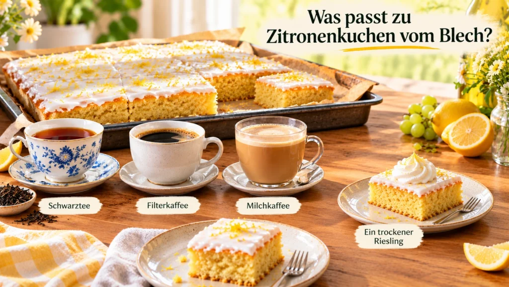 Zitronenkuchen vom Blech mit passenden Getränken wie Schwarztee und Kaffee