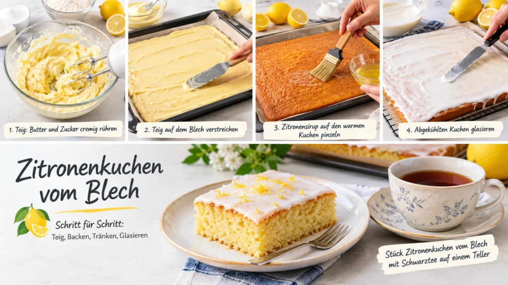 Zitronenkuchen vom Blech Schritt für Schritt: Butter und Zucker cremig rühren, Teig auf dem Blech verstreichen, Zitronensirup auf den warmen Kuchen pinseln und den abgekühlten Kuchen glasieren. Ein Stück Zitronenkuchen mit Schwarztee auf einem Teller.