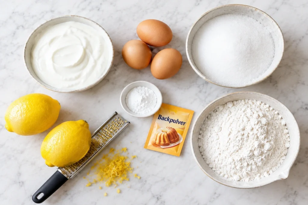 Zutaten für Zitronenkuchen mit Joghurt mit Zitronen, Joghurt, Eiern, Mehl, Zucker und Backpulver