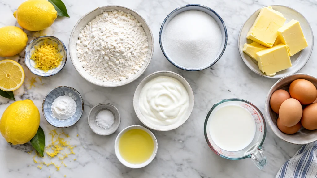 Zutaten für Zitronenkuchen vom Blech als Flatlay auf Marmor