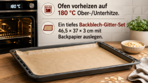 Ofen vorheizen auf 180 °C Ober-/Unterhitze. Ein tiefes Backblech Gitter Set 46,5 × 37 × 3 cm mit Backpapier auslegen.
