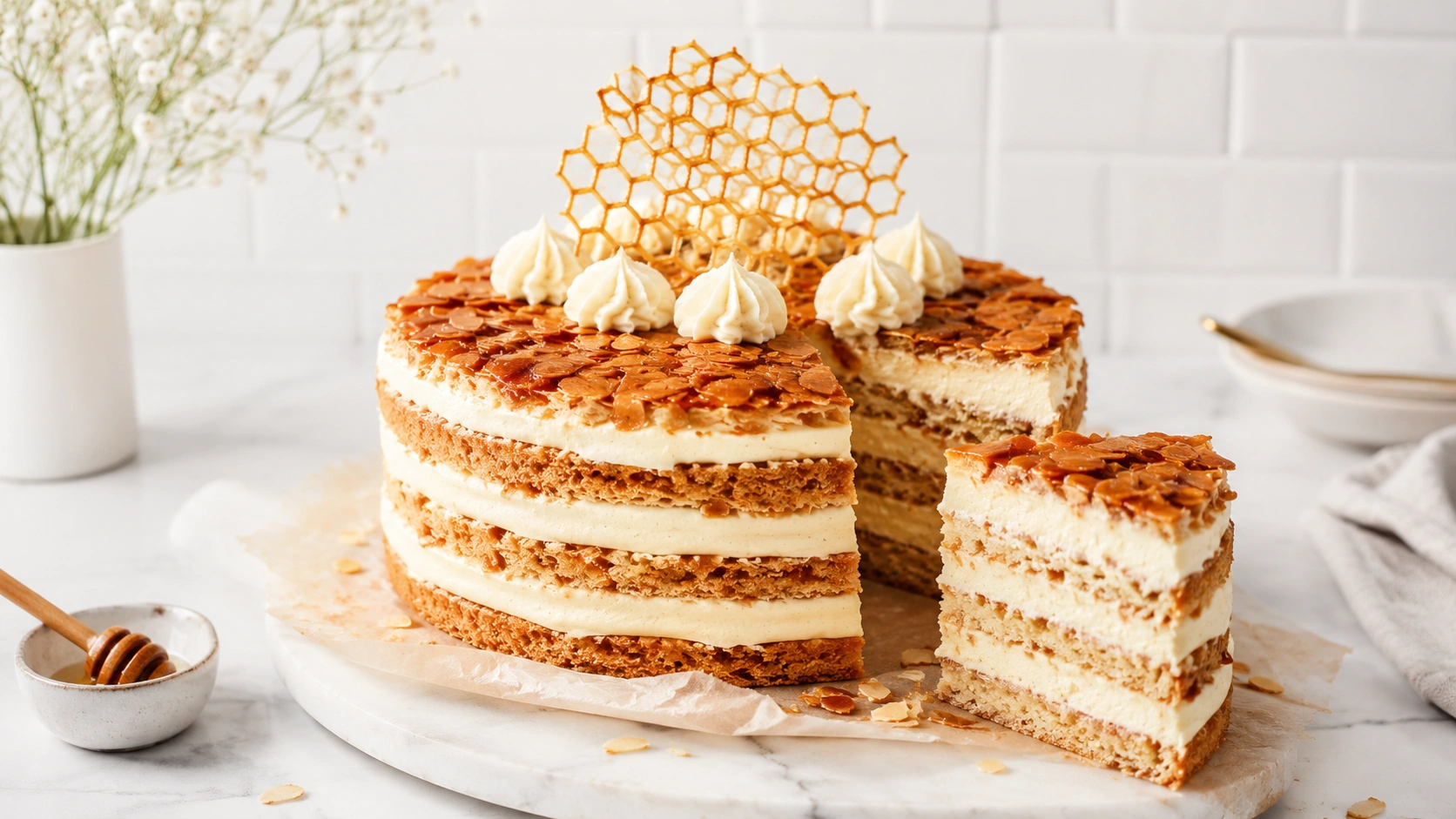 Bienenstich Torte als moderne Naked Cake mit goldener Mandelkruste und cremiger Vanillefüllung