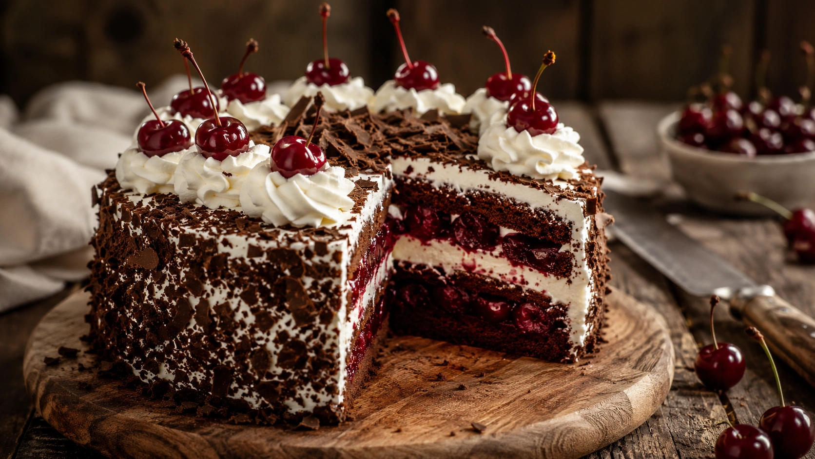 Schwarzwälder Kirschtorte Rezept mit luftiger Sahne, saftigen Schokoladenböden und frischen Kirschen auf einem rustikalen Holzbrett