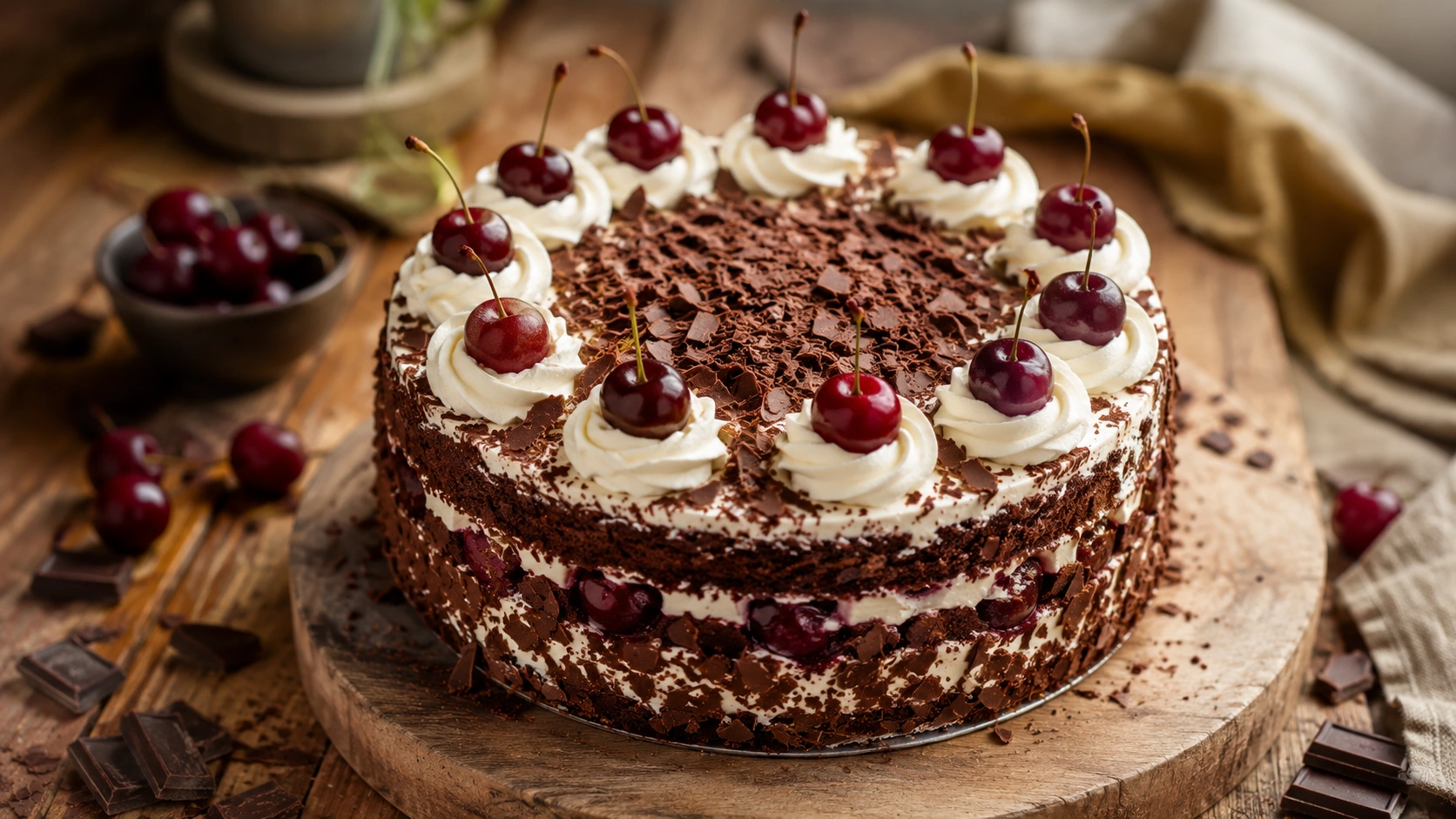 Vegane Schwarzwälder Kirschtorte auf einem rustikalen Holzbrett mit Kirschen, veganer Sahne und Schokoraspeln, fotografiert bei natürlichem Tageslicht.