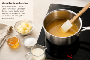 Mandelkruste vorbereiten: Backofen auf 180 °C (356 °F) Ober-/Unterhitze vorheizen. Butter, Honig, Zucker und Sahne in einem kleinen Topf schmelzen, bis eine glatte Masse entsteht.