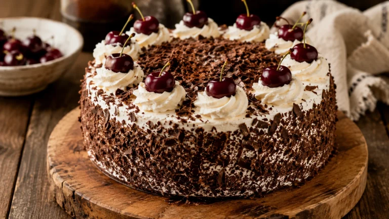Original Schwarzwälder Kirschtorte auf rustikalem Holzbrett mit Schokoraspeln, Sahnetuffs und frischen Kirschen dekoriert