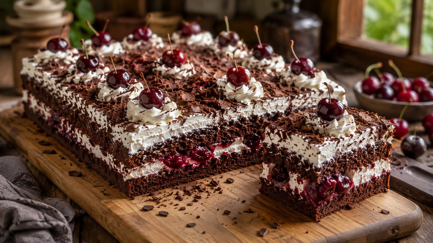 Schwarzwälder Kirschtorte vom Blech mit Sahne, Kirschen und Schokoraspeln auf einem Holzbrett