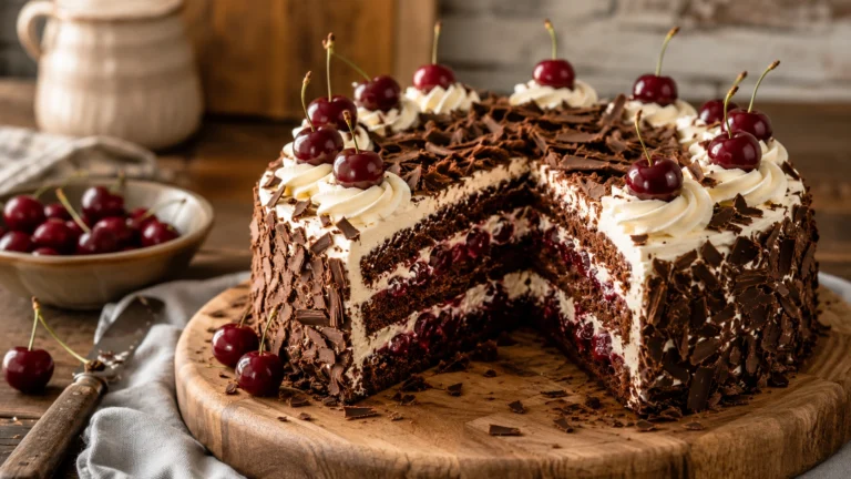 Schwarzwälder-Kirschtorte, Omas Rezept – klassische Torte mit Schokoladenbiskuit, Sahne, Kirschfüllung und Schokoladenraspeln