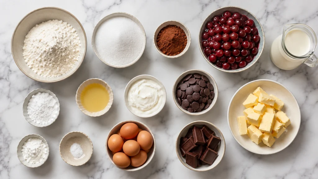Donauwelle Springform Zutaten als Flatlay auf heller Marmorfläche mit Mehl, Zucker, Eiern, Butter, Kakao, Sauerkirschen, Sahne und Schokoladenkuvertüre.