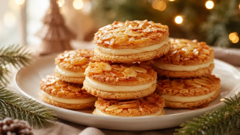 Bienenstich Plätzchen mit karamellisierter Mandelkruste und Cremefüllung auf einem weißen Teller, festlich dekoriert.