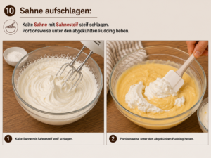 Sahne aufschlagen: Kalte Sahne mit Sahnesteif steif schlagen. Portionsweise unter den abgekühlten Pudding heben.