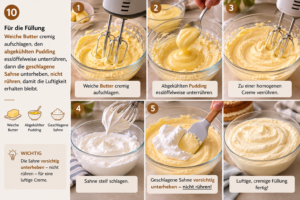 Weiche Butter cremig aufschlagen, den abgekühlten Pudding esslöffelweise unterrühren, dann die geschlagene Sahne unterheben, nicht rühren, damit die Luftigkeit erhalten bleibt.
