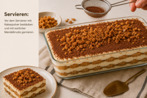 Servieren: Vor dem Servieren mit Kakaopulver bestäuben und mit restlicher Mandelkruste garnieren.