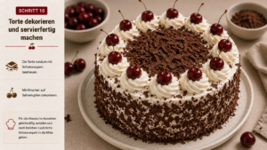 Torte mit Schokoraspeln bestreuen und mit Kirschen dekorieren.