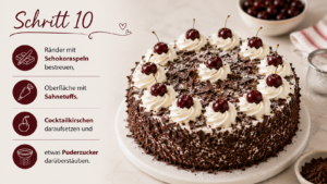 Ränder mit Schokoraspeln bestreuen, Oberfläche mit Sahnetuffs, Cocktailkirschen und etwas Puderzucker dekorieren.
