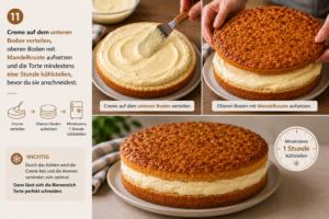 Creme auf den unteren Boden verteilen, den oberen Boden mit Mandelkruste aufsetzen und die Torte mindestens eine Stunde kühlstellen, bevor du sie schneidest.