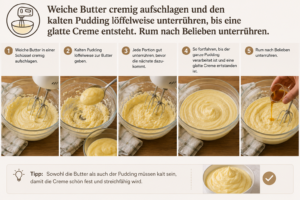 Weiche Butter cremig aufschlagen und den kalten Pudding löffelweise unterrühren, bis eine glatte Creme entsteht. Rum nach Belieben unterrühren.